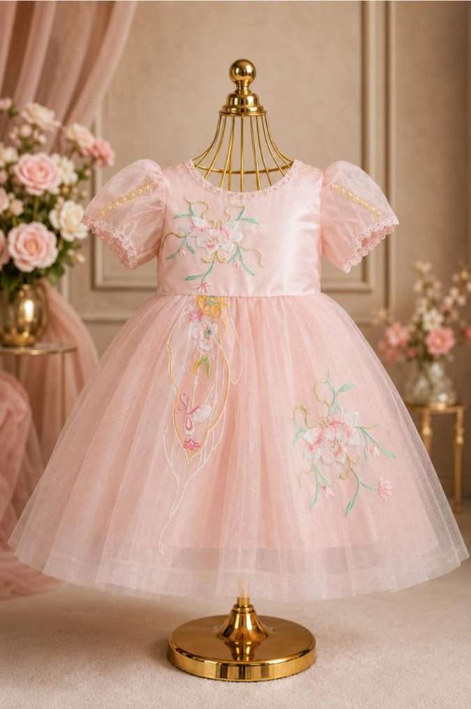 Girls’ Party Dress (Baby Pink)-Rear Bow