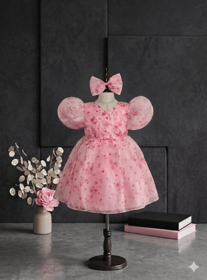 Girls’ Party Dress (Light Pink)-Rear Bow& Hair Band
