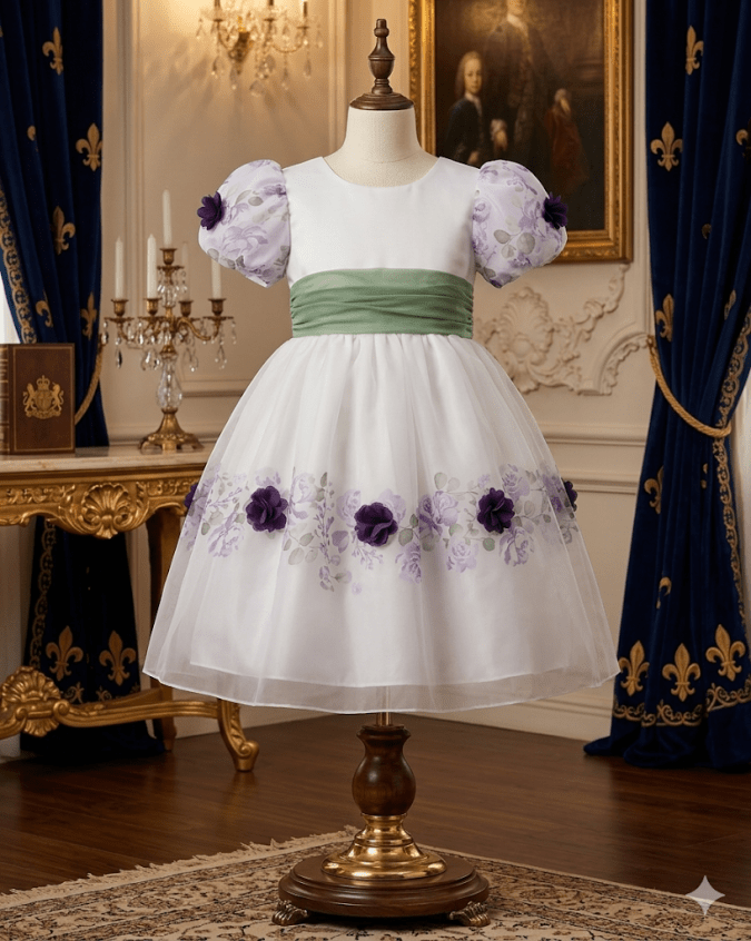 Girls’ Party Dress (White,  Lavender, and Sage Green)