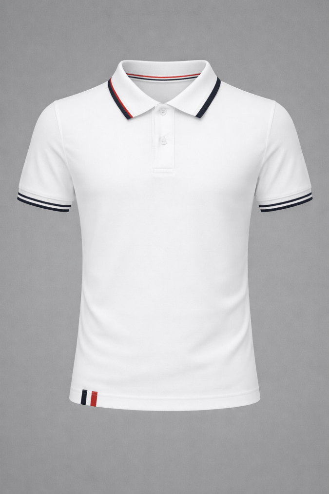 Boys – White polo with tricolor stripes