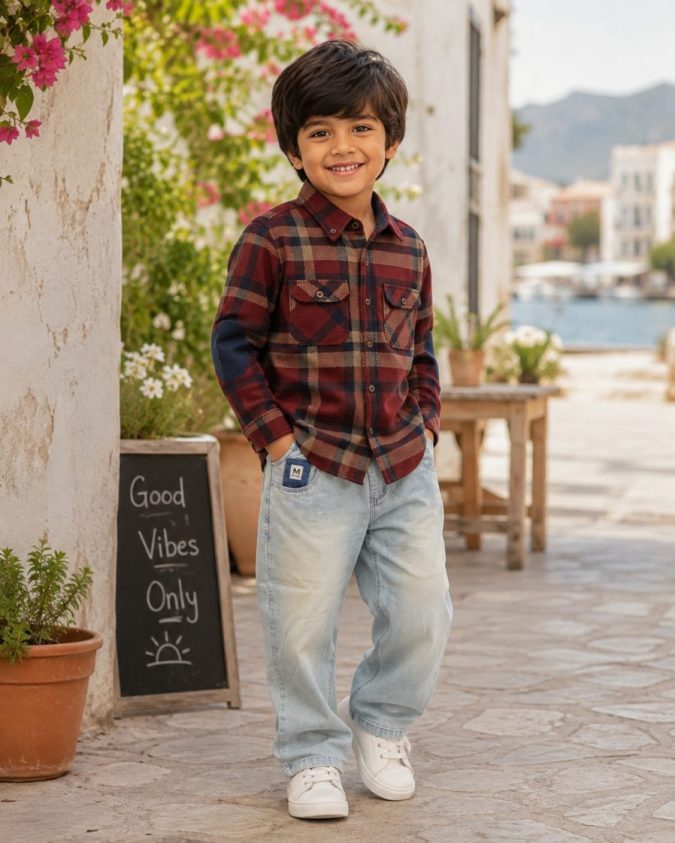 Boys – Full  Sleeve Check Shirt (Red & Navy)