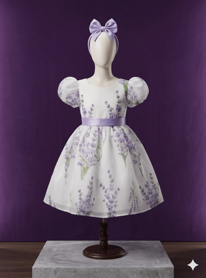 Girls’ Party Dress (White and Lavender)-Rear Bow& Hair Band