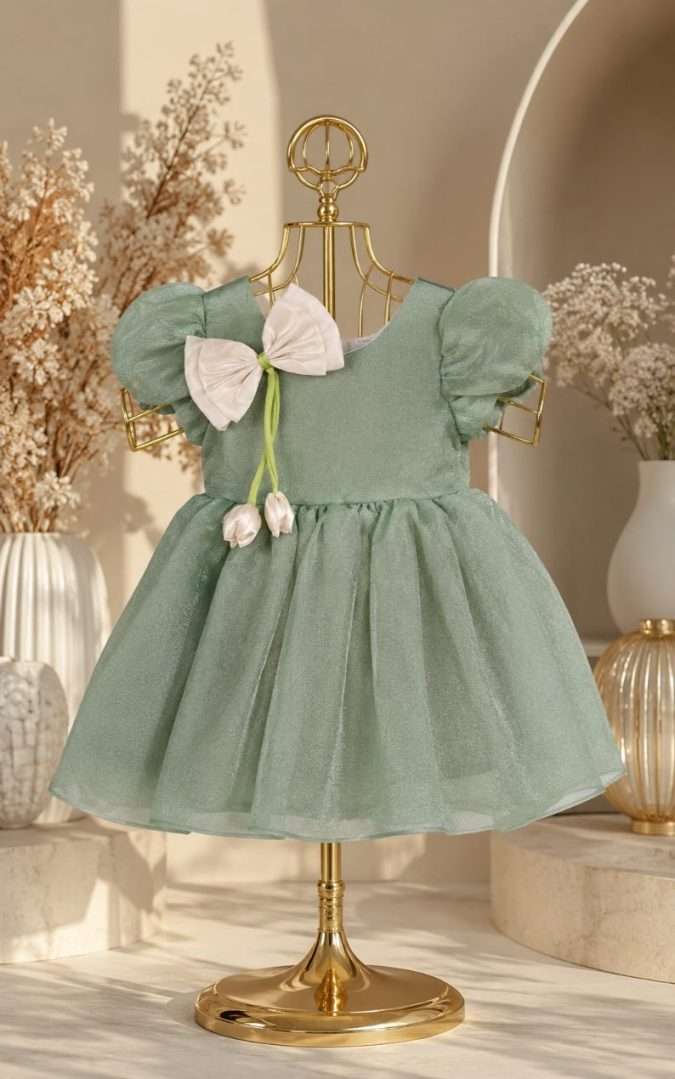 Girls’ Party Dress (Sage Green  / Seafoam)-Rear Bow