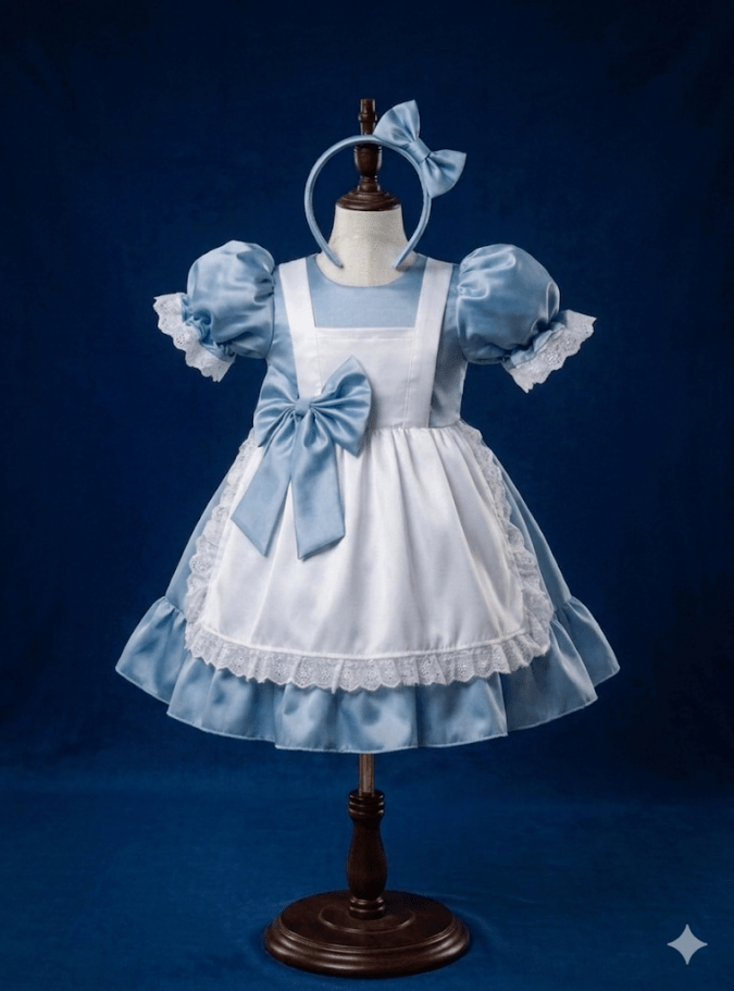 Girls’ Party Dress (Powder  Blue and White)-Rear Bow