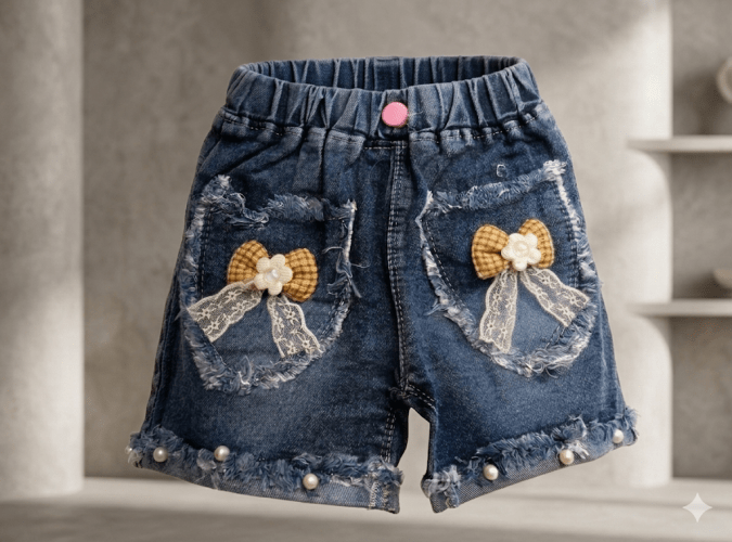GIRLS DENIM SHORTS WITH YELLOW RIBBON