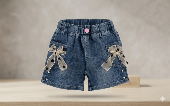 GIRLS DENIM SHORTS WITH BLACK & WHITE RIBBON
