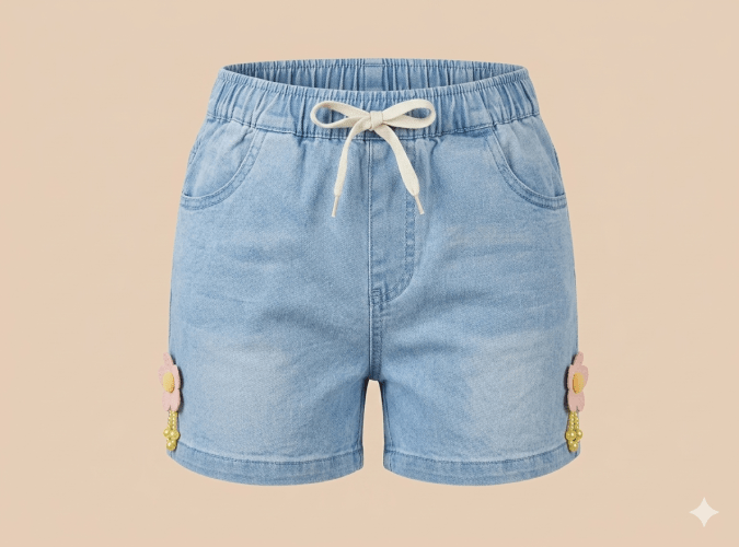 GIRLS LIGHT BLUE DENIM SHORTS – PINK FLOWER WITH PEARLS