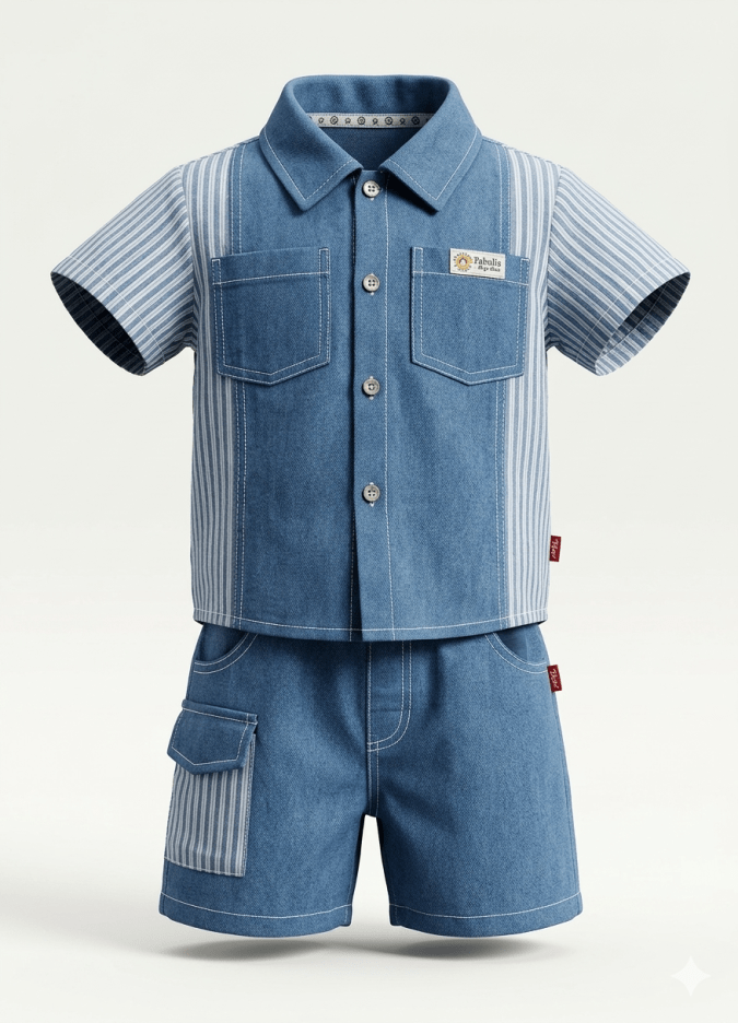 Boys – Blue denim and grey/white stripes Shirt with Short trouser
