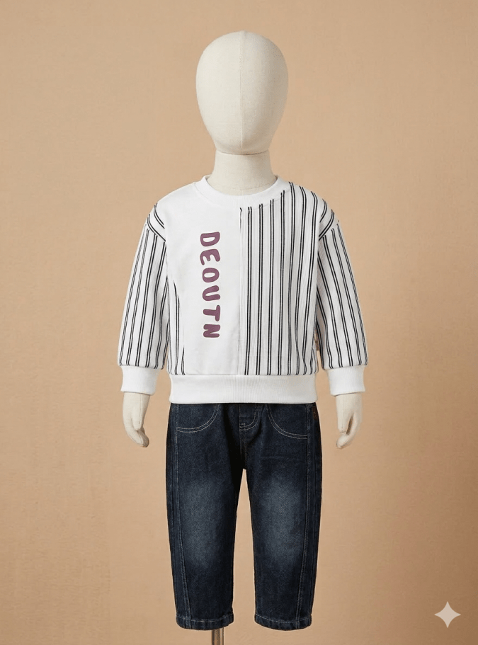 Boys – White & Blue stripe Round neck Sweatshirt with denim trouser