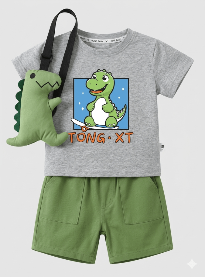 Boys – Grey & Olive green T-shirt with Dinosaur print