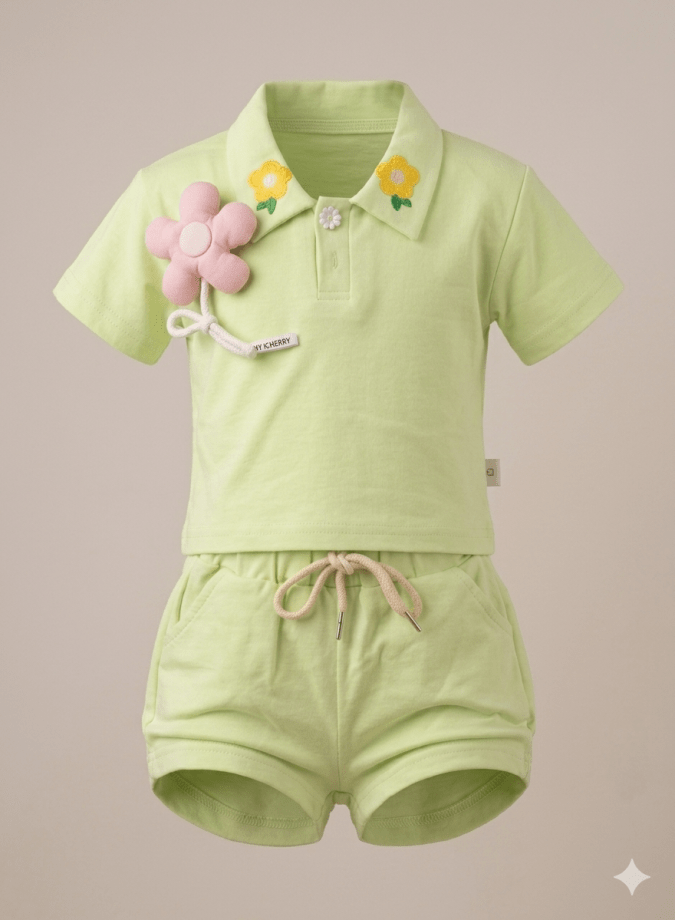 Girls – Lime Green Cord Sets with Floral Brooch pin