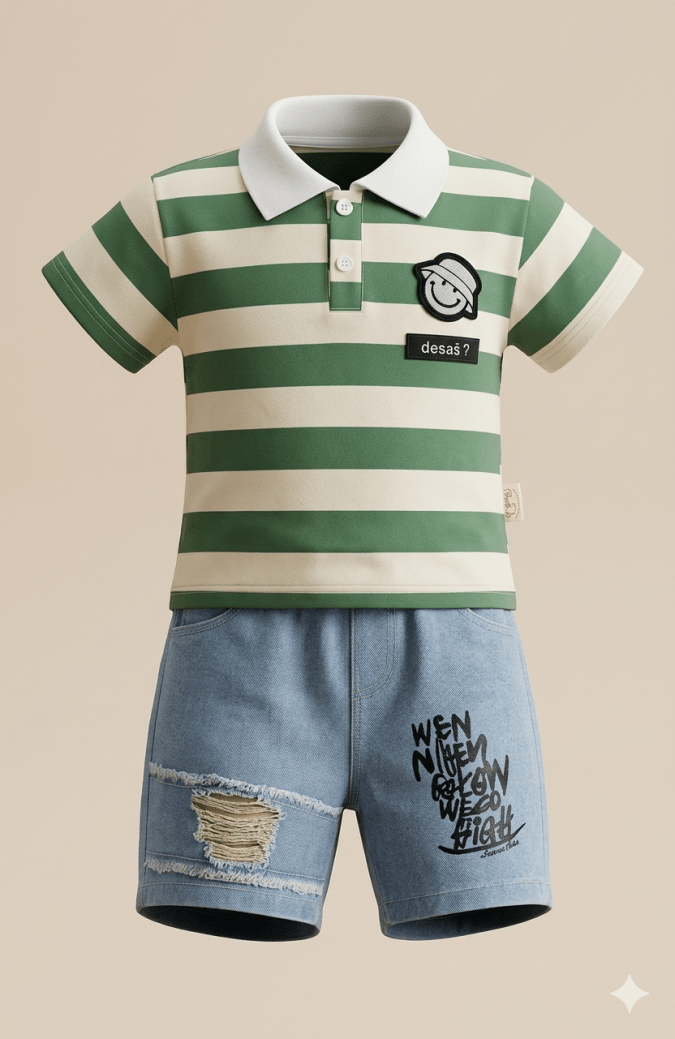 Boys – Green & white stripe Polo Tshirt with short denim