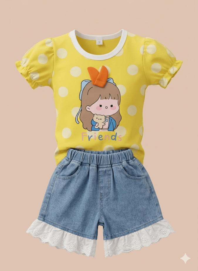 Girls – Yellow Cord Sets with Polka Dot Prints