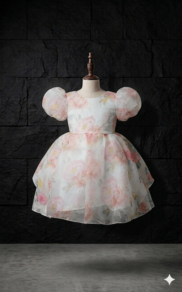 Girls’ Party Dress (White and Blush Pink)-Rear Bow