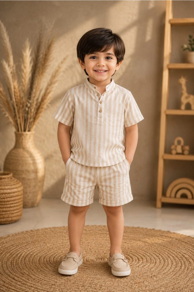 Beige Checkered Pattern Cotton Co-ord Set