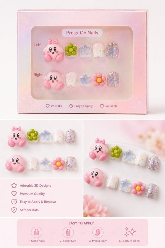 3D KIRBY -KIDS PRESS-ON NAILS
