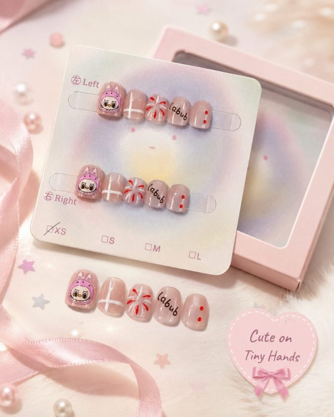 CUTE 3D PINK LABUBU -KIDS PRESS-ON NAILS (XS-1-3Y)
