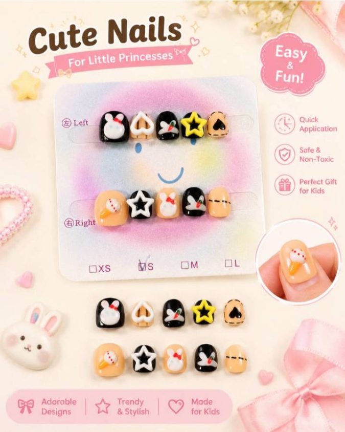 3D Bunny & Star Charms -KIDS PRESS-ON NAILS (S-3-4Y)