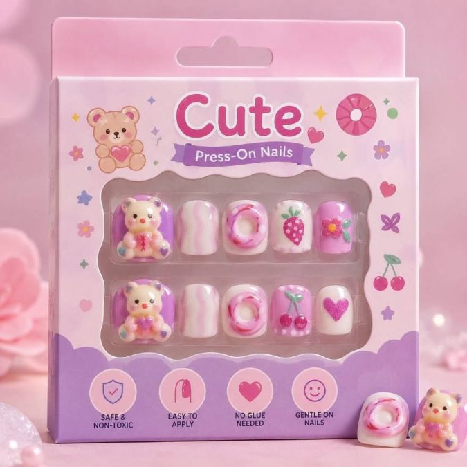 CUTE 3D Teddy  -KIDS PRESS-ON NAILS (L-6-8Y)