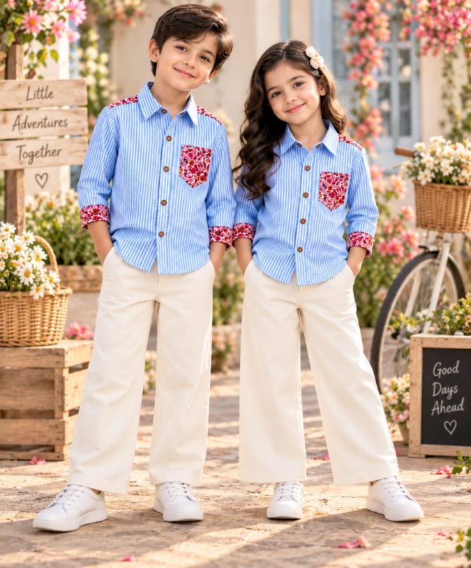 Blue Bloom Striped Shirt & Beige Trouser Set (UNISEX)