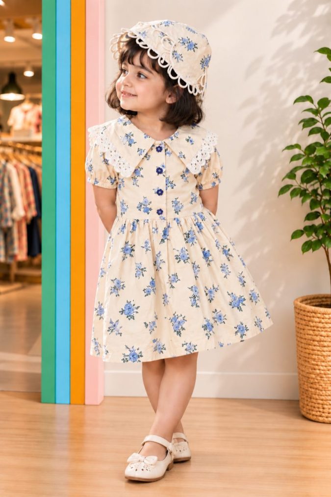Ivory Bluebell Floral Dress (With Hat)